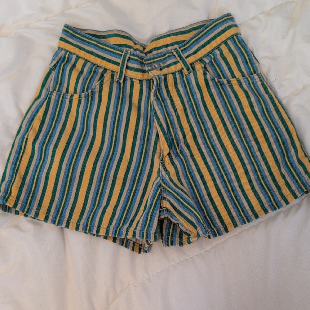 Vintage Striped High-Waist Jean Shorts in Yellow, Green & Blue